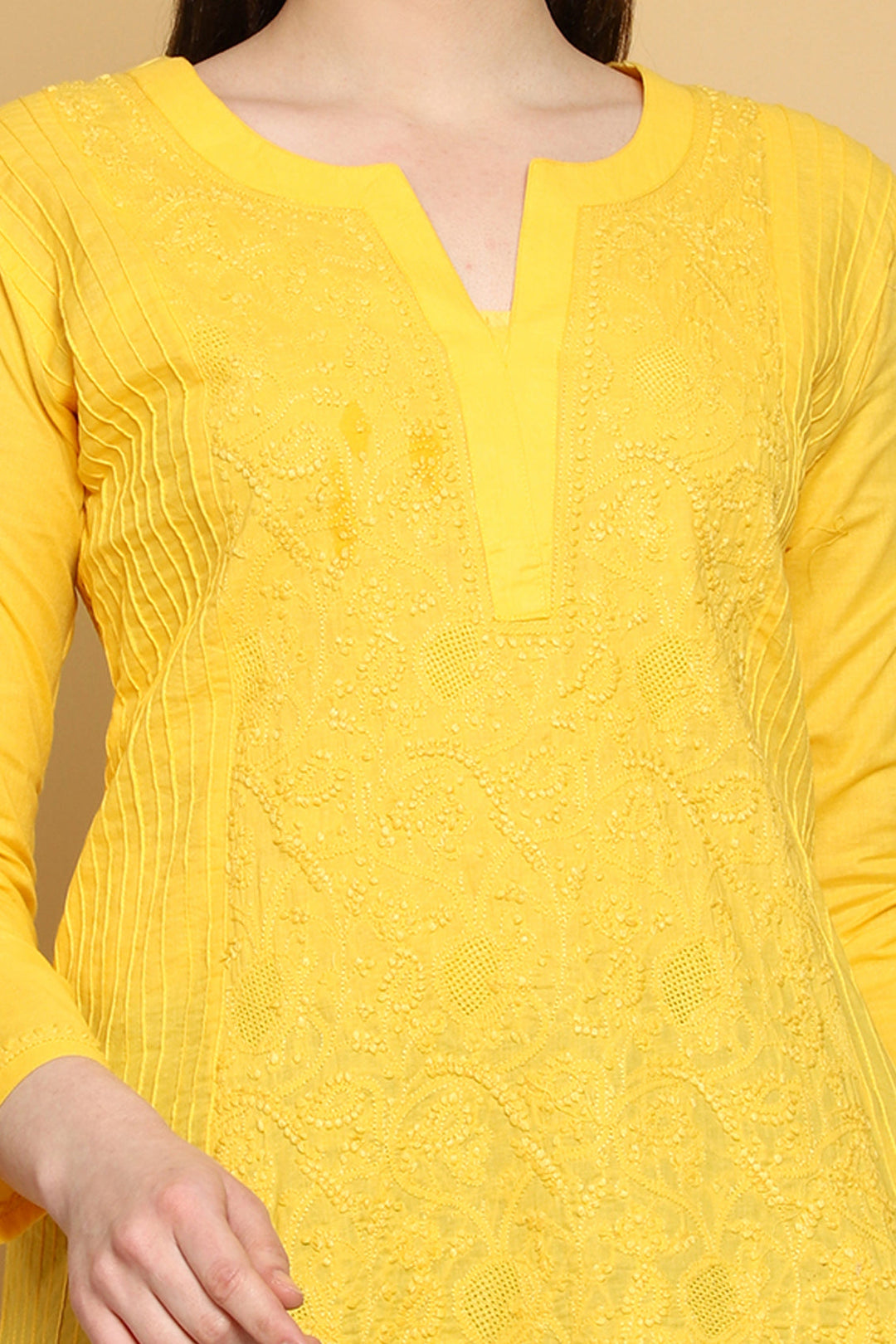 Yellow Hand Embroidered Chikankari Side-Pleated Tunic Top