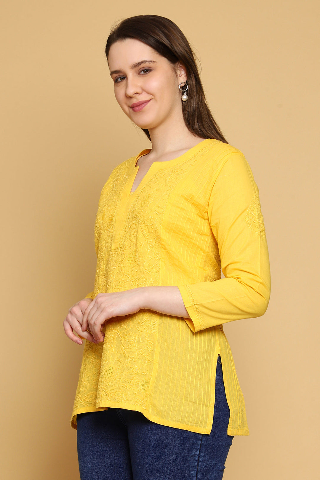 Yellow Hand Embroidered Chikankari Side-Pleated Tunic Top