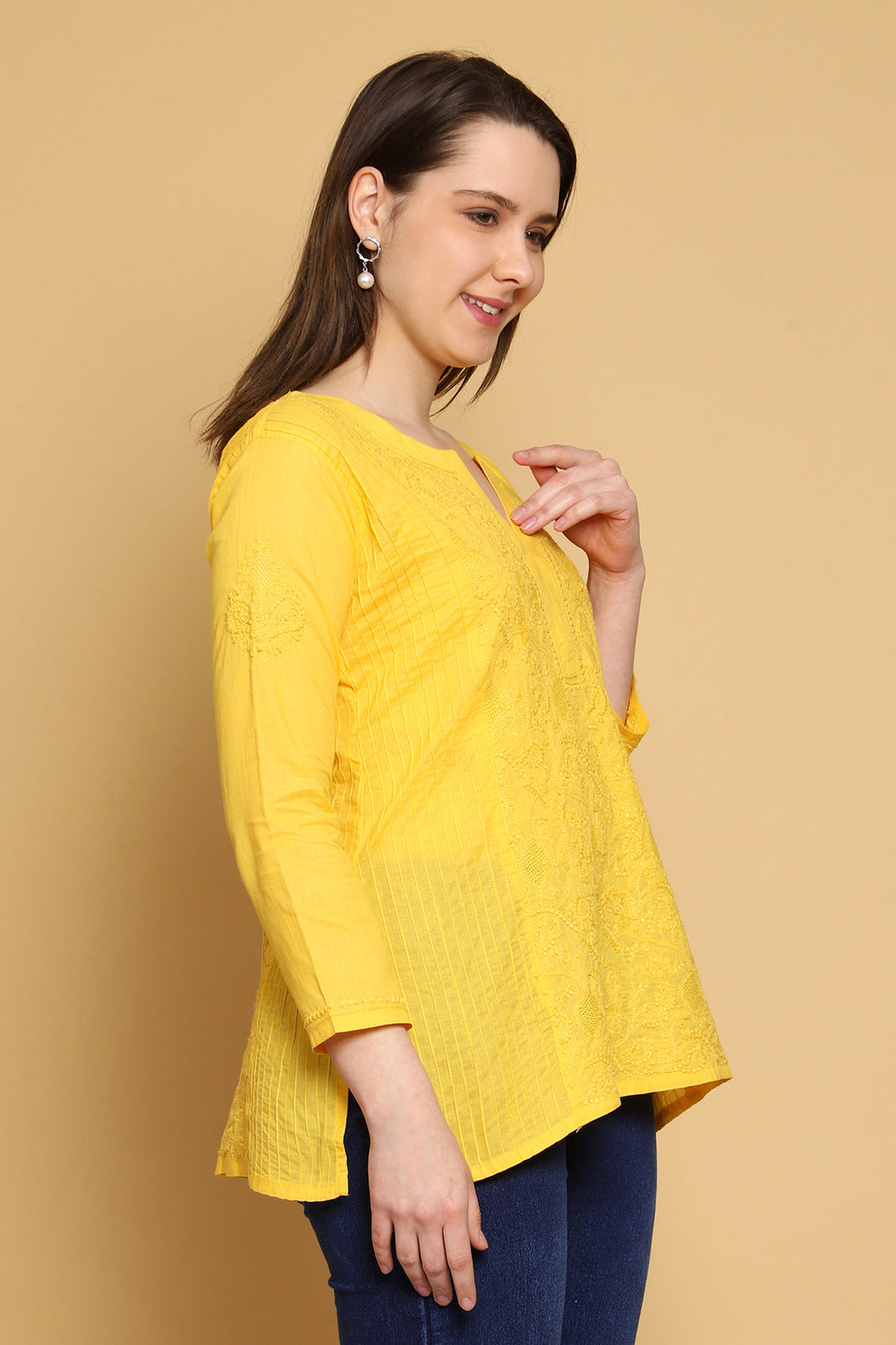 Yellow Hand Embroidered Chikankari Side-Pleated Tunic Top