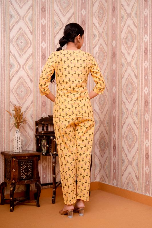 Yellow-Handblock-Printed-Long-A-line-Cotton-Night-Suit