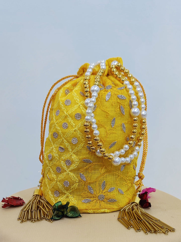 Yellow Kota Chikankari Potli Bag with Tassels