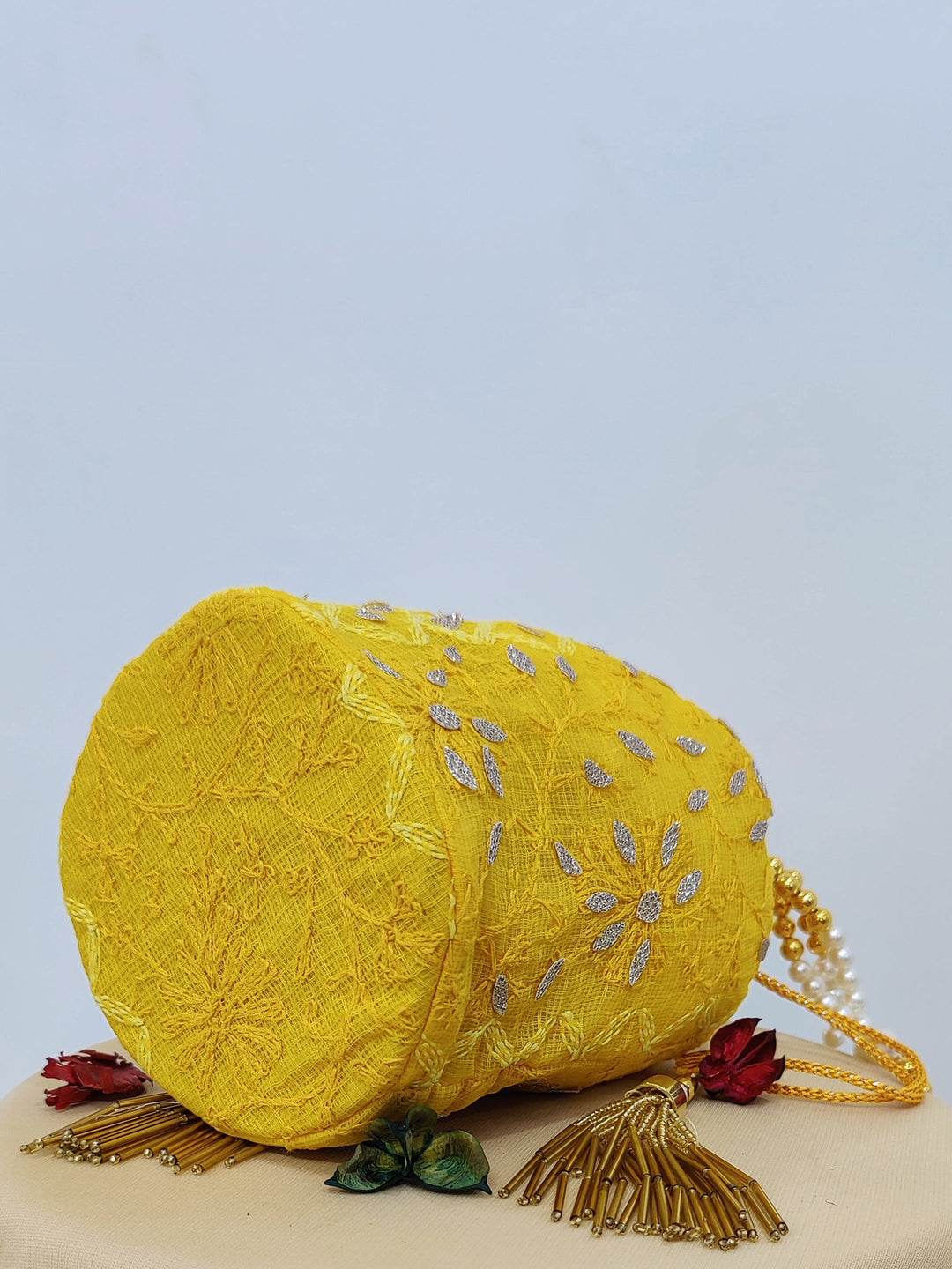 Yellow Kota Chikankari Potli Bag with Tassels
