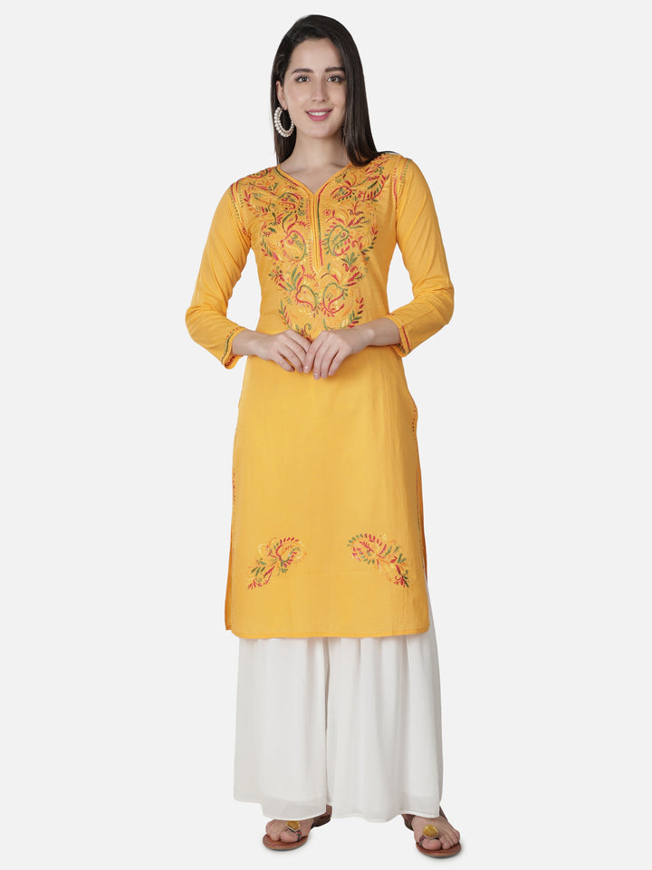 Yellow Kurta in Multicolor Ghaspatti Chikan Work