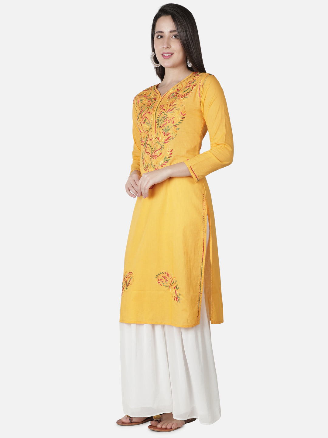 Yellow Kurta in Multicolor Ghaspatti Chikan Work