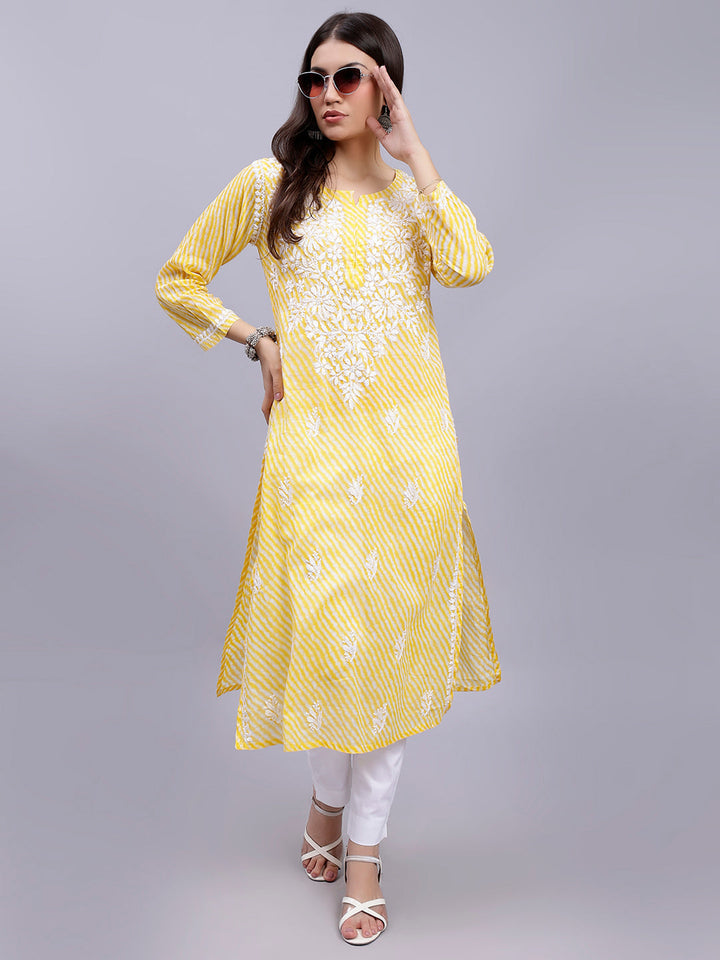 Yellow Mul Mul Lucknowi Leheriya Chikankari Kurti