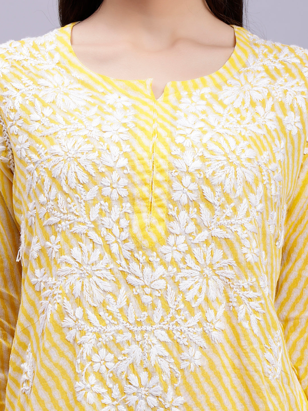 Yellow Mul Mul Lucknowi Leheriya Chikankari Kurti