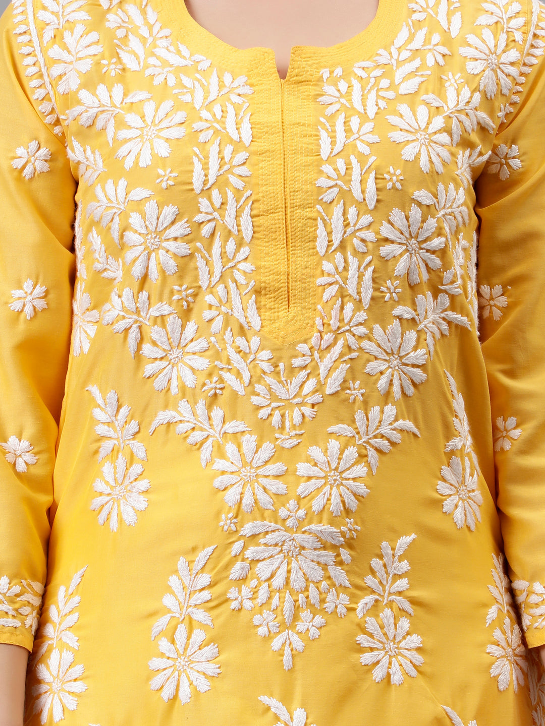 Yellow-Muslin-Hand-Embroidered-Chikankari-Kurti-