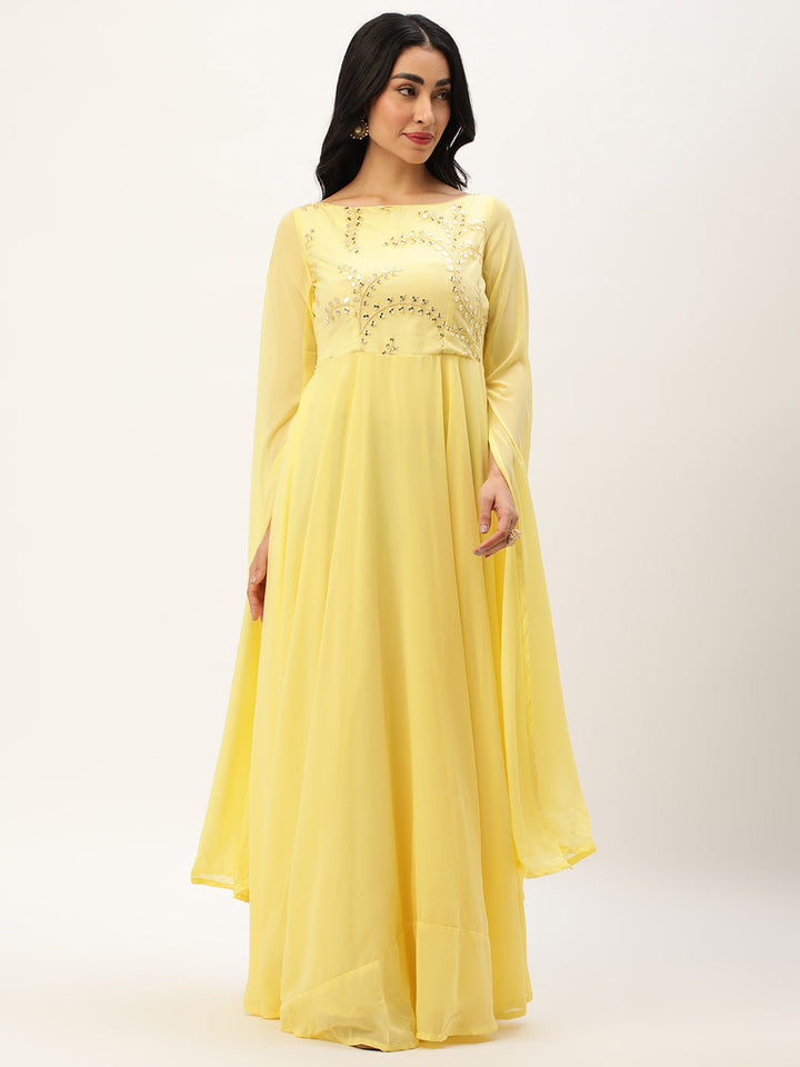 Yellow Net Embroidered Turkish Kaftan Sleeves Gown