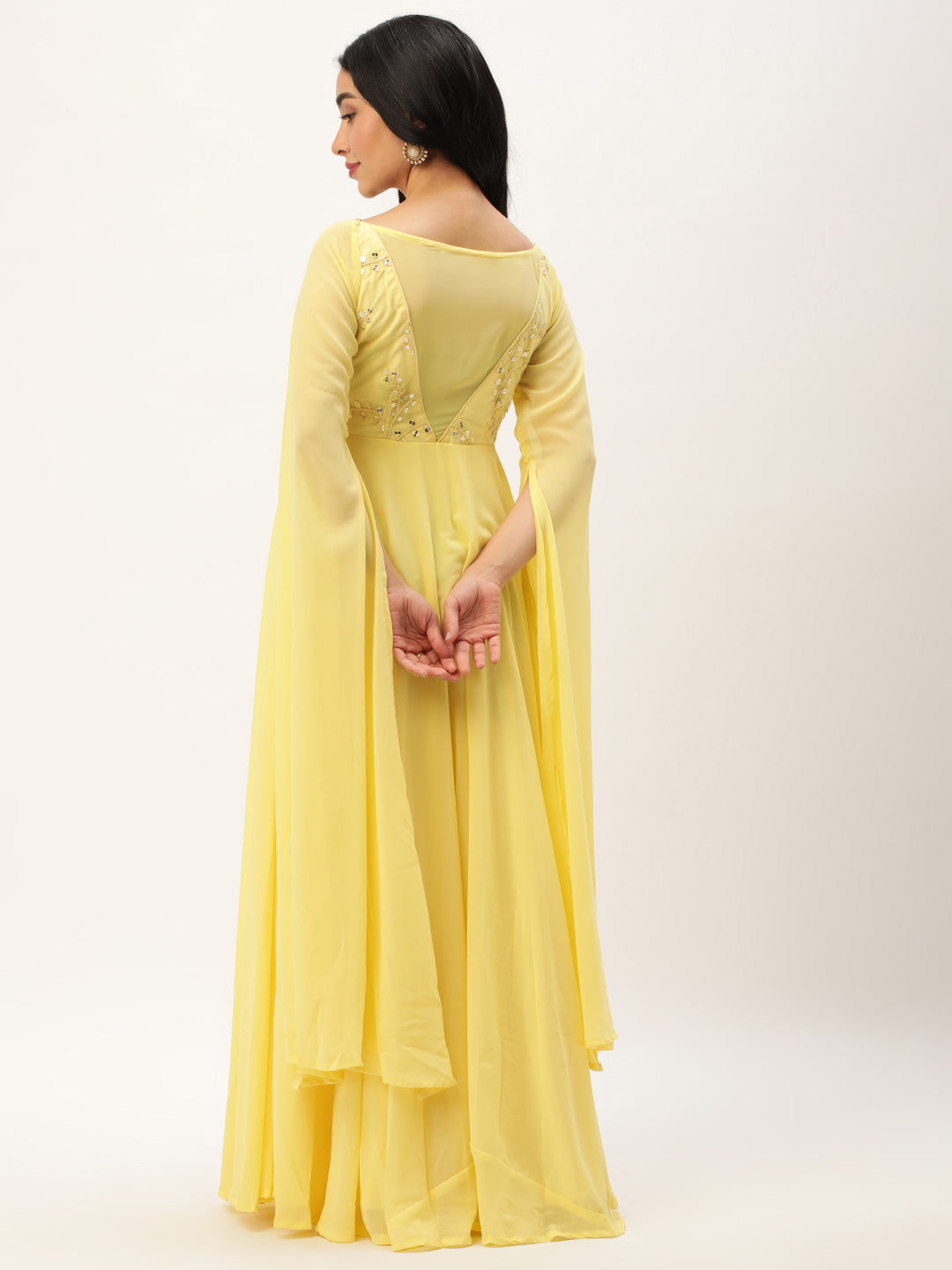 Yellow Net Embroidered Turkish Kaftan Sleeves Gown