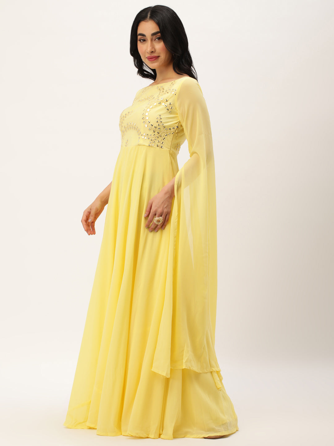 Yellow Net Embroidered Turkish Kaftan Sleeves Gown