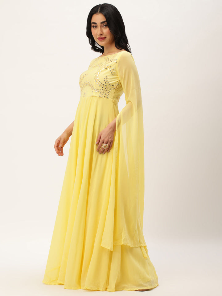 Yellow Net Embroidered Turkish Kaftan Sleeves Gown