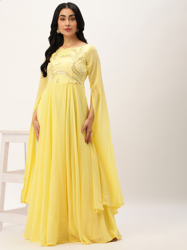 Yellow Net Embroidered Turkish Kaftan Sleeves Gown