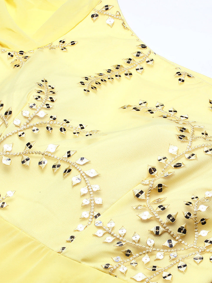 Yellow Net Embroidered Turkish Kaftan Sleeves Gown