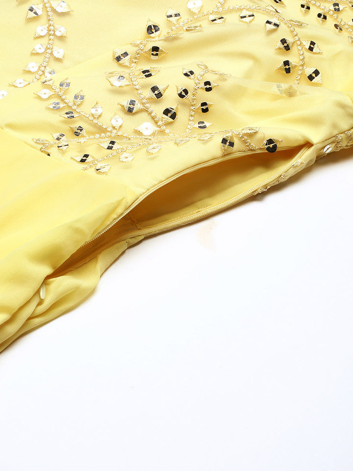 Yellow Net Embroidered Turkish Kaftan Sleeves Gown