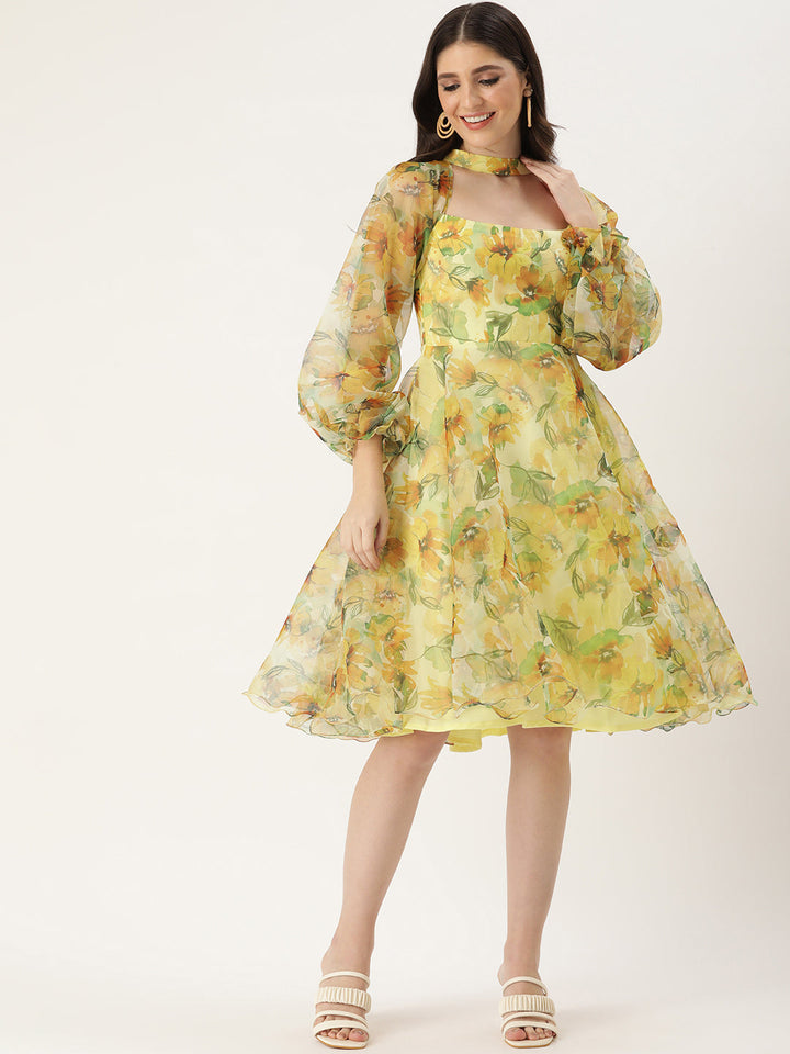 Yellow Organza Digital Print Mini Dress