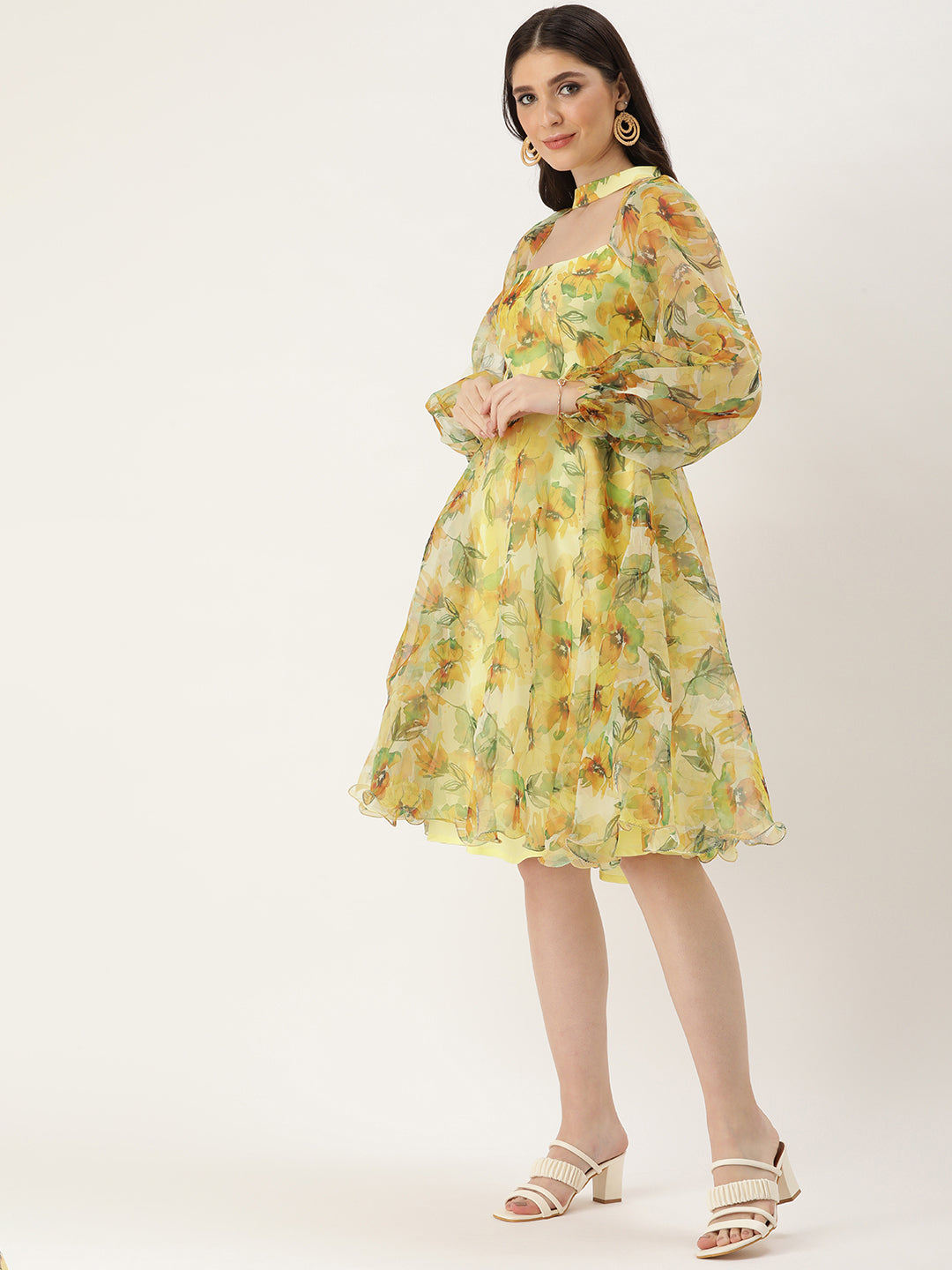 Yellow Organza Digital Print Mini Dress