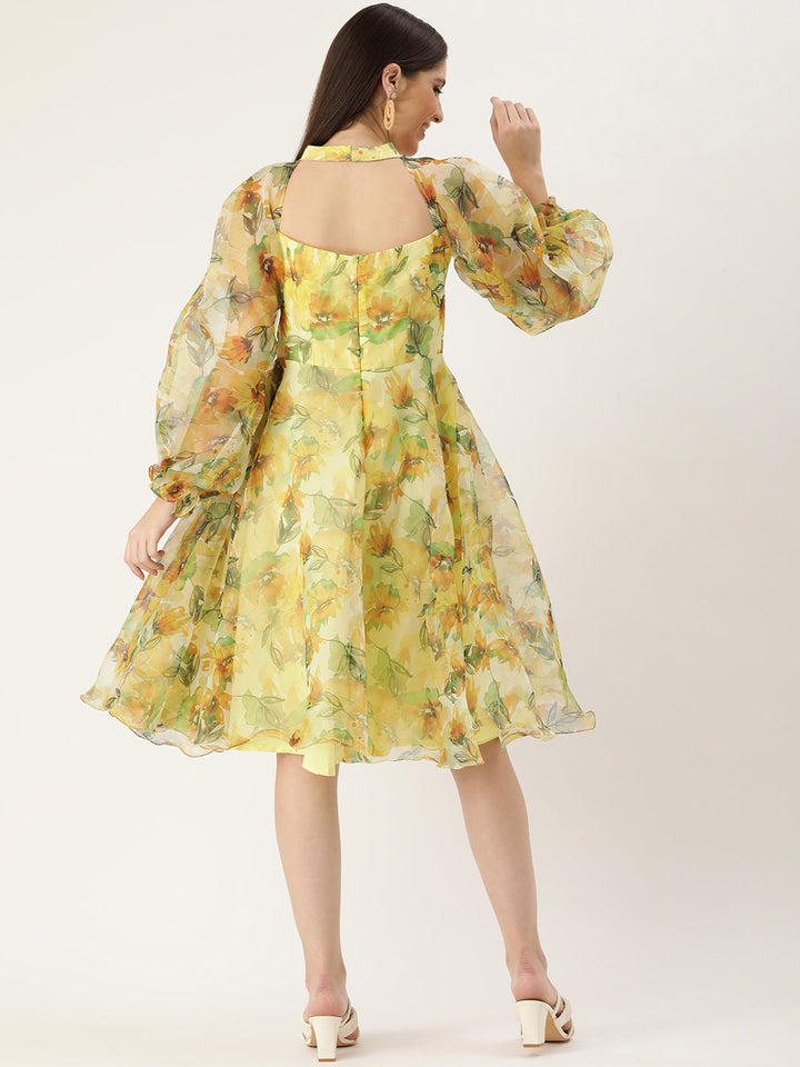 Yellow Organza Digital Print Mini Dress