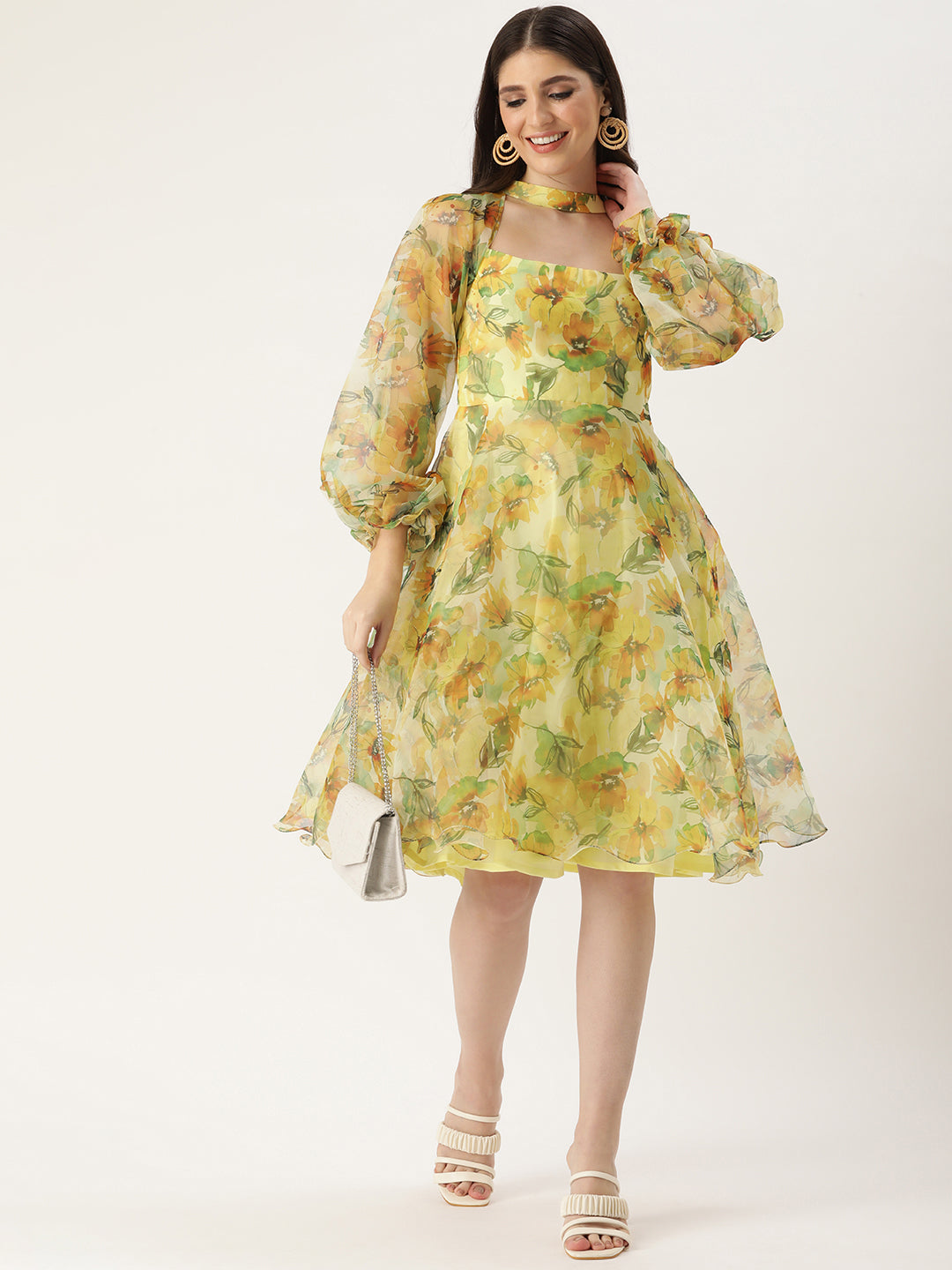 Yellow Organza Digital Print Mini Dress