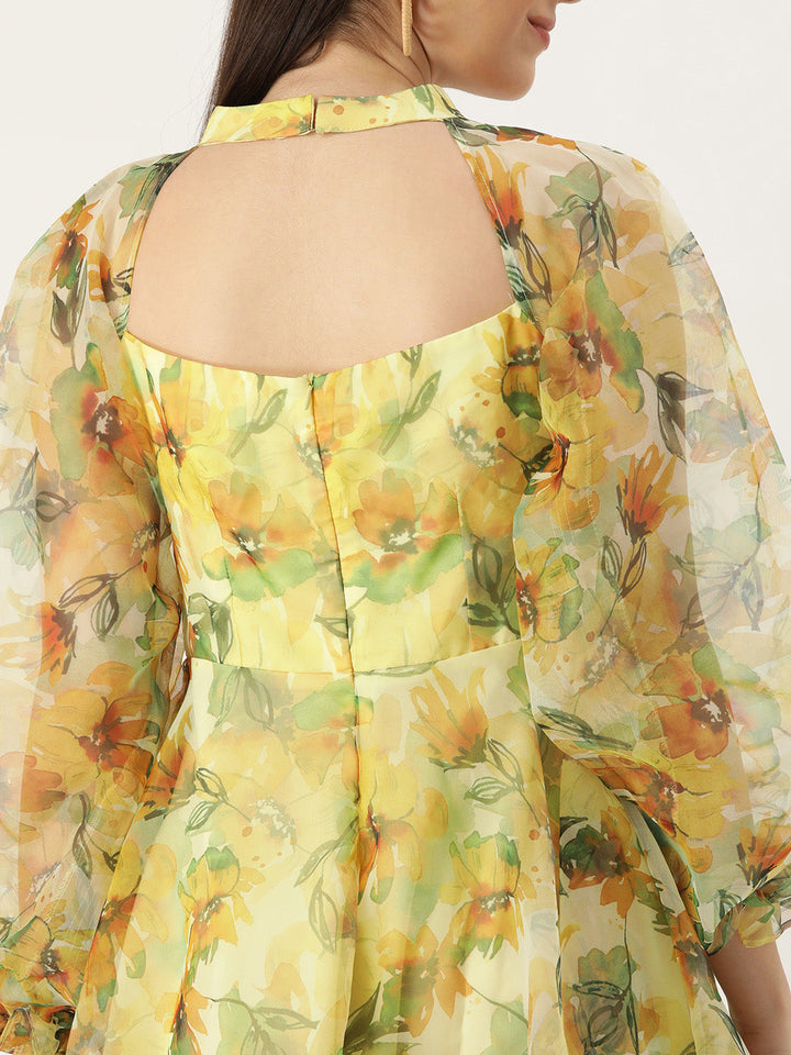 Yellow Organza Digital Print Mini Dress