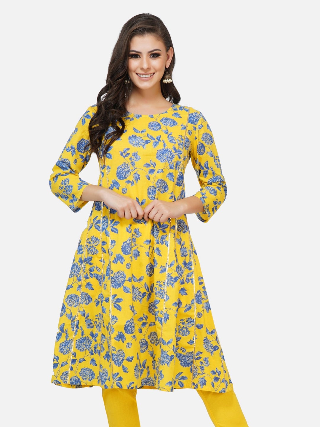 Yellow Printed A-Line Kurta Only