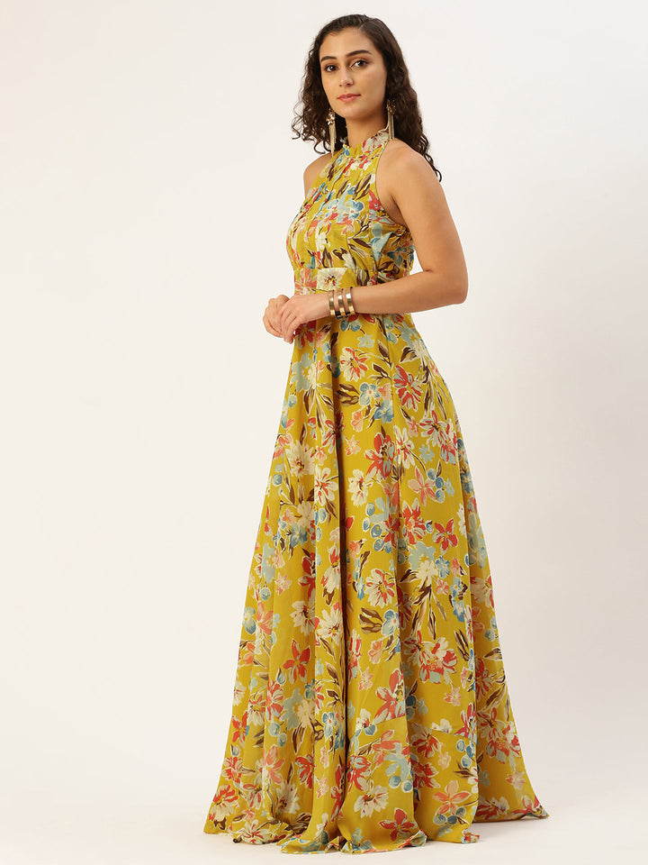 Yellow Printed Halter Neck Georgette Gown