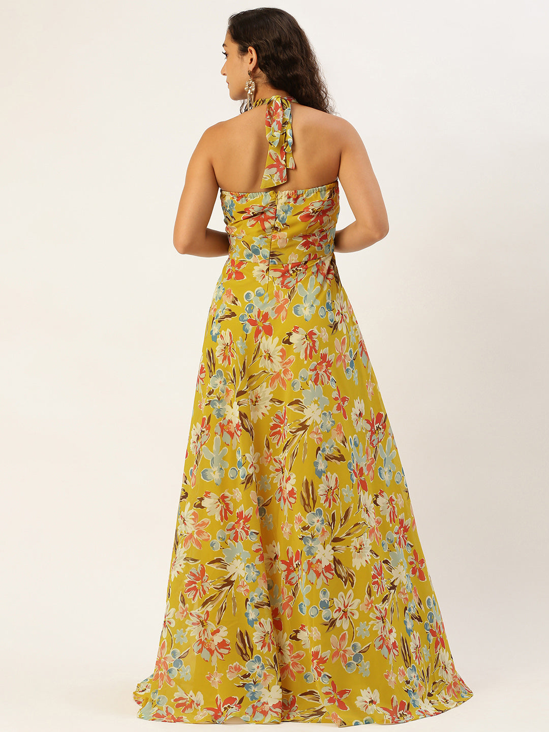 Yellow Printed Halter Neck Georgette Gown
