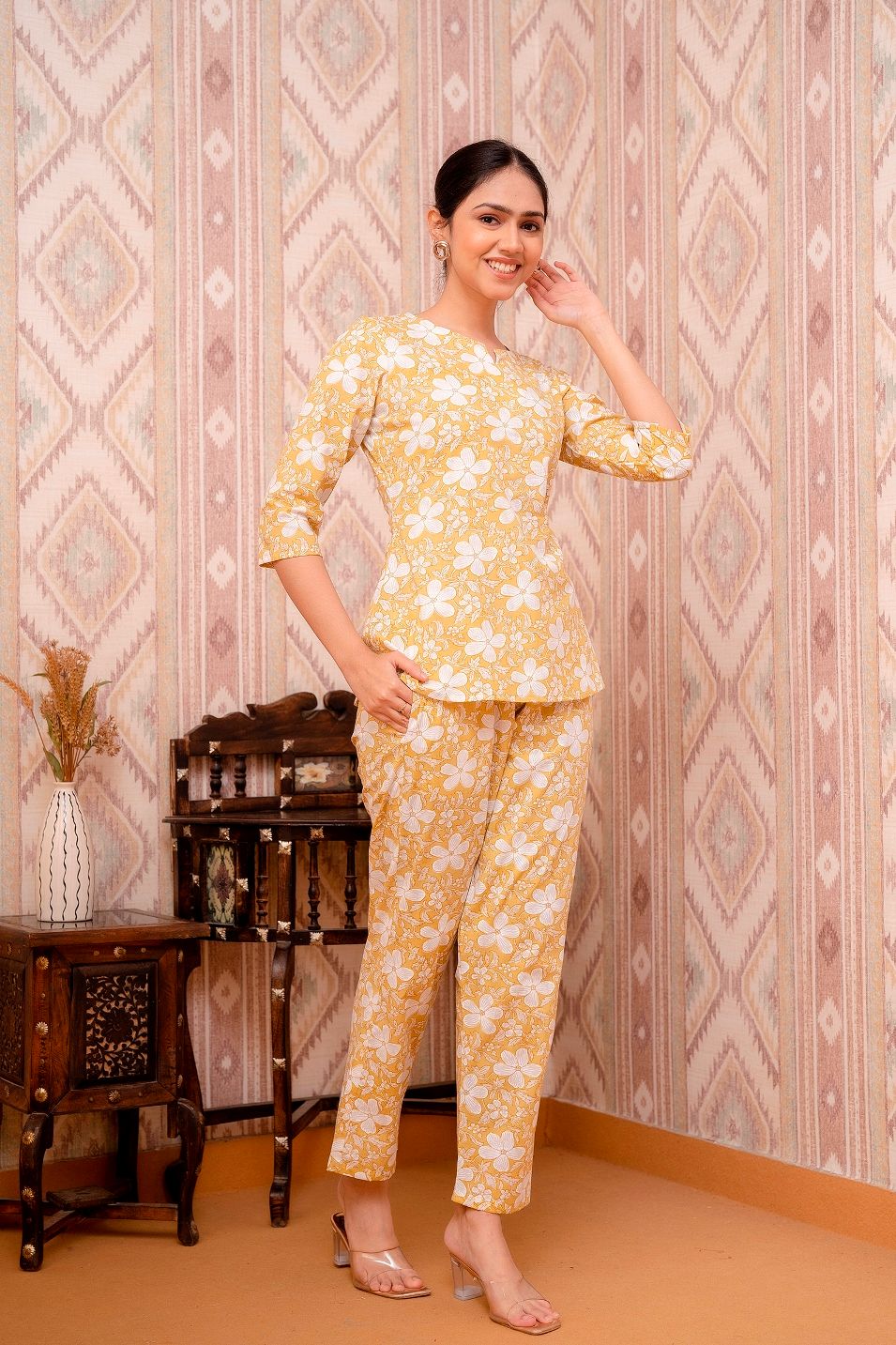 Yellow-Printed-Long-A-line-Cotton-Night-Suit