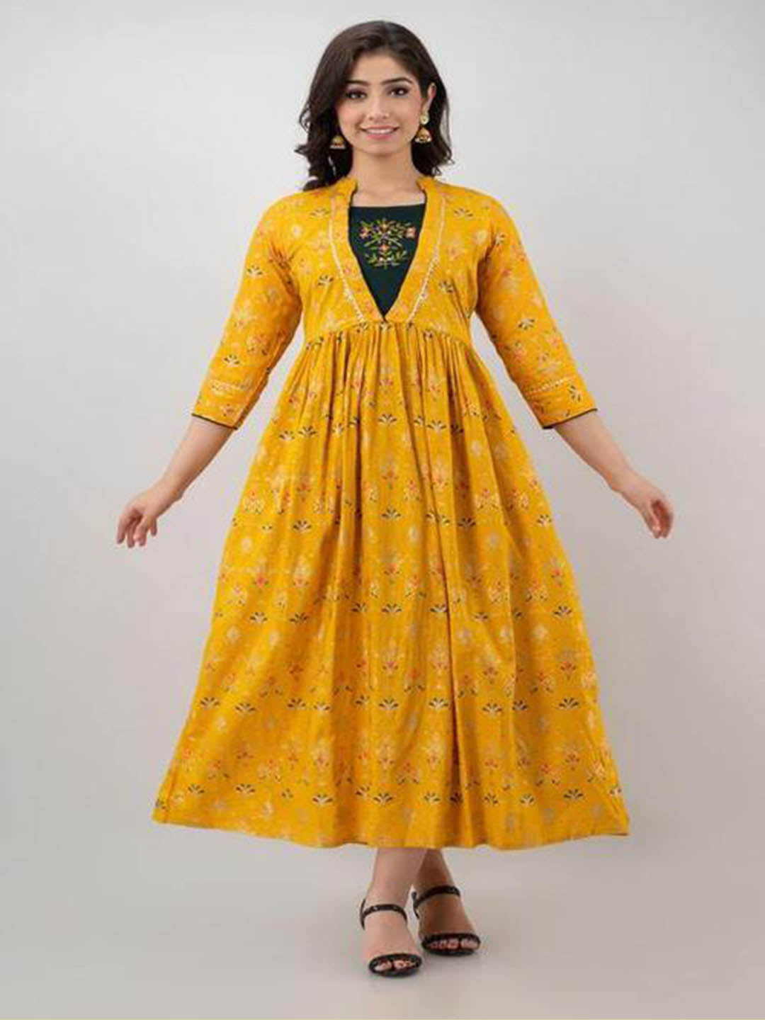 Yellow Printed Rayon Flared Kurta