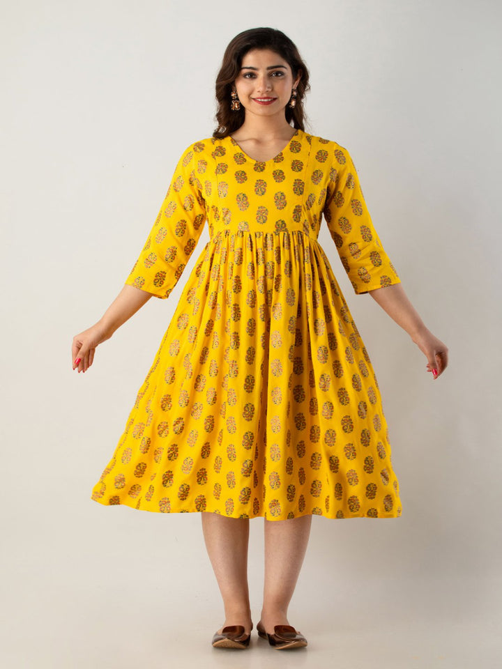 Yellow Printed Rayon Maternity Kurta Only