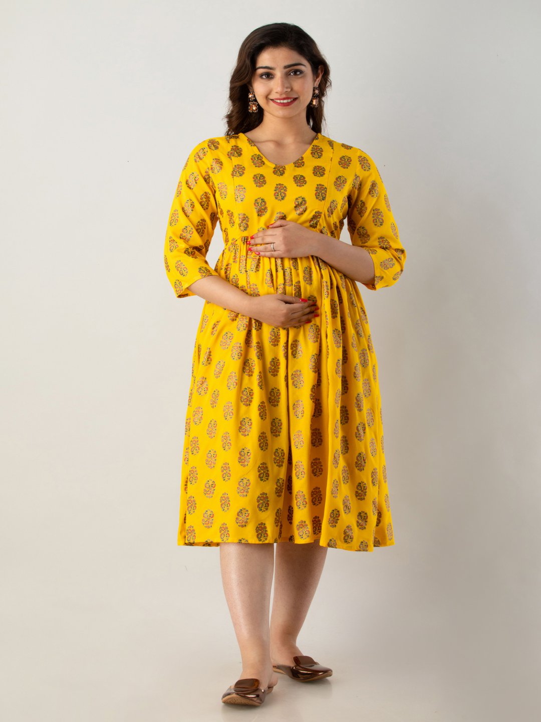 Yellow Printed Rayon Maternity Kurta Only