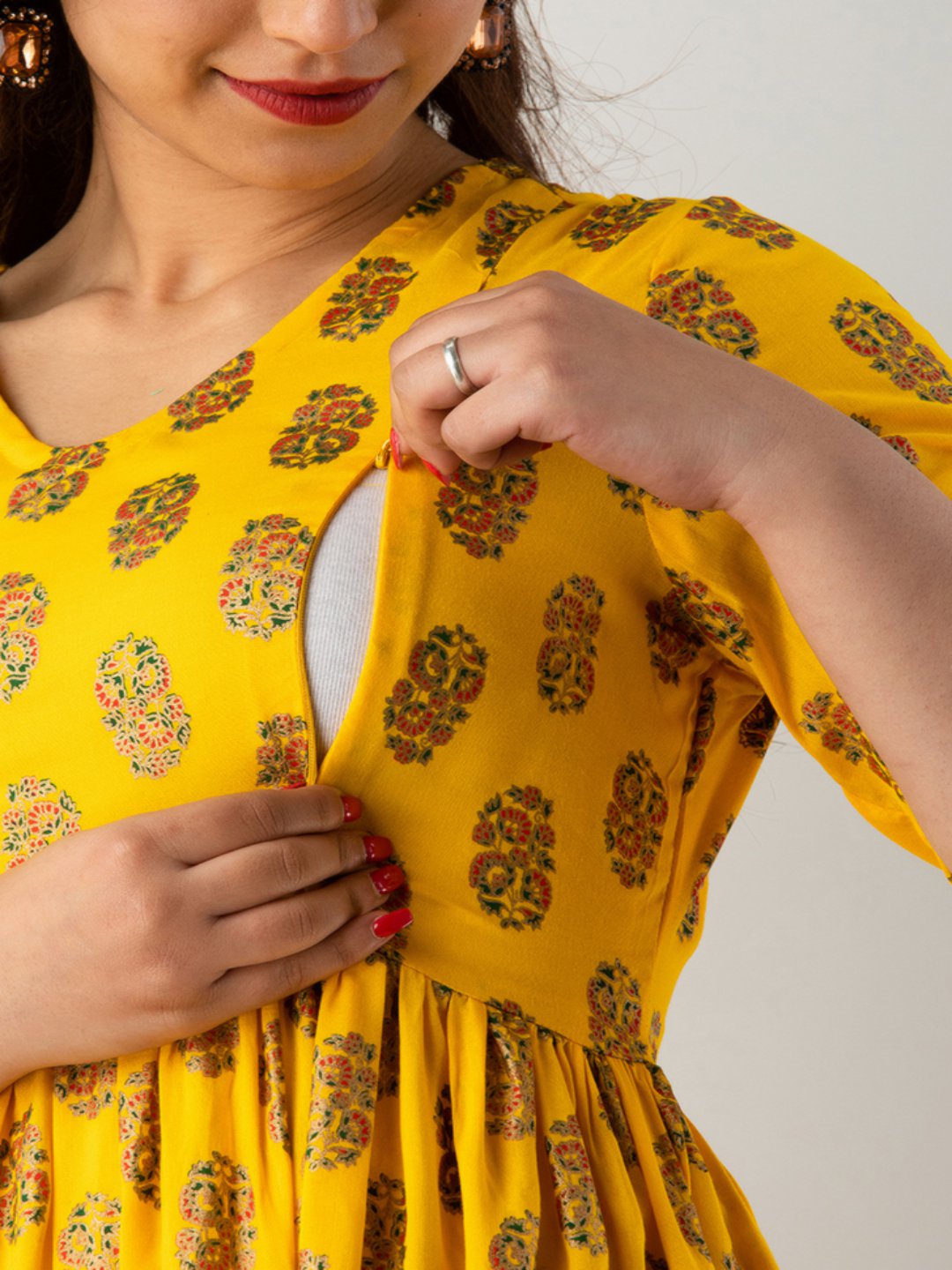 Yellow Printed Rayon Maternity Kurta Only