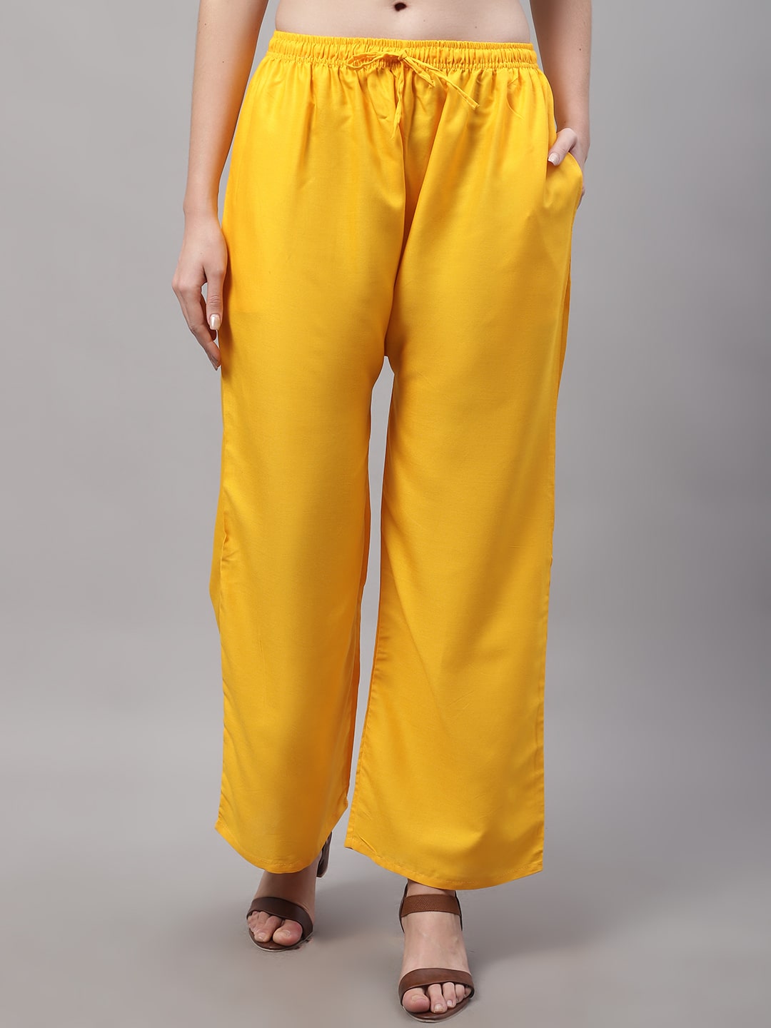 Yellow Rayon Solid Palazzo With Side Pocket