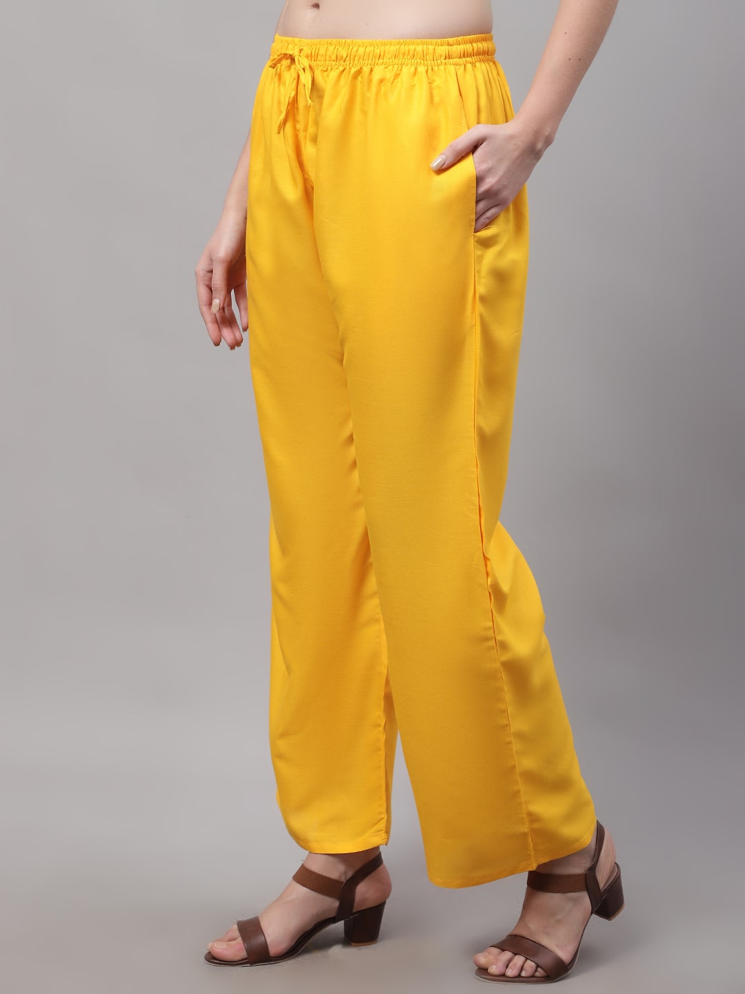 Yellow Rayon Solid Palazzo With Side Pocket