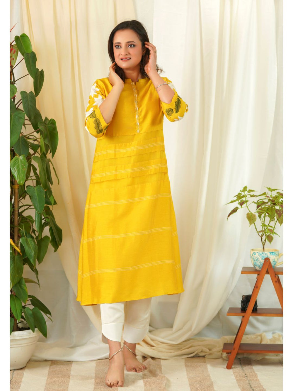 Yellow Silk A-line Kurta & White Cotton Pants