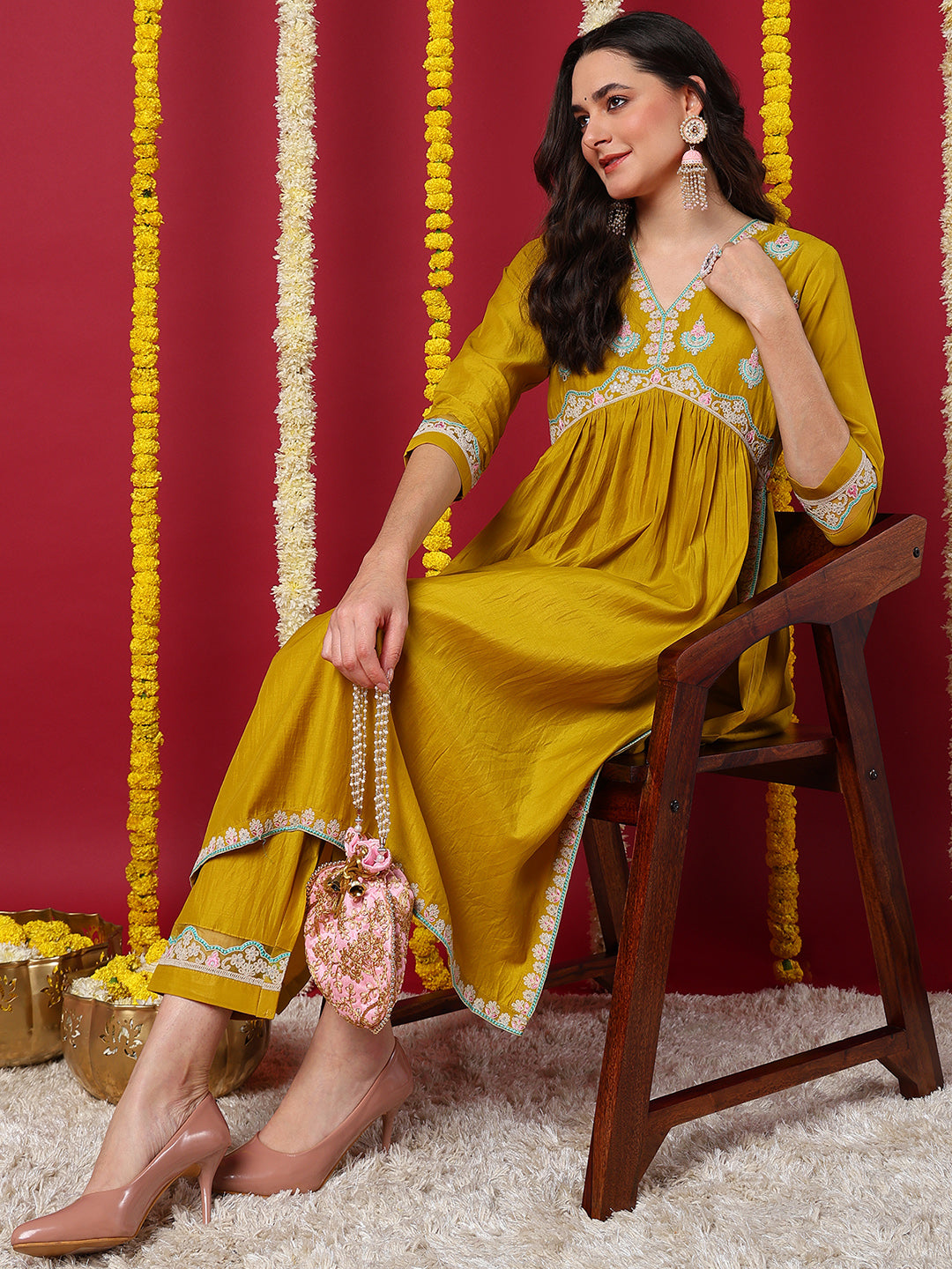 Yellow Silk Blend Solid Embroidered Flared Kurta with Trouser