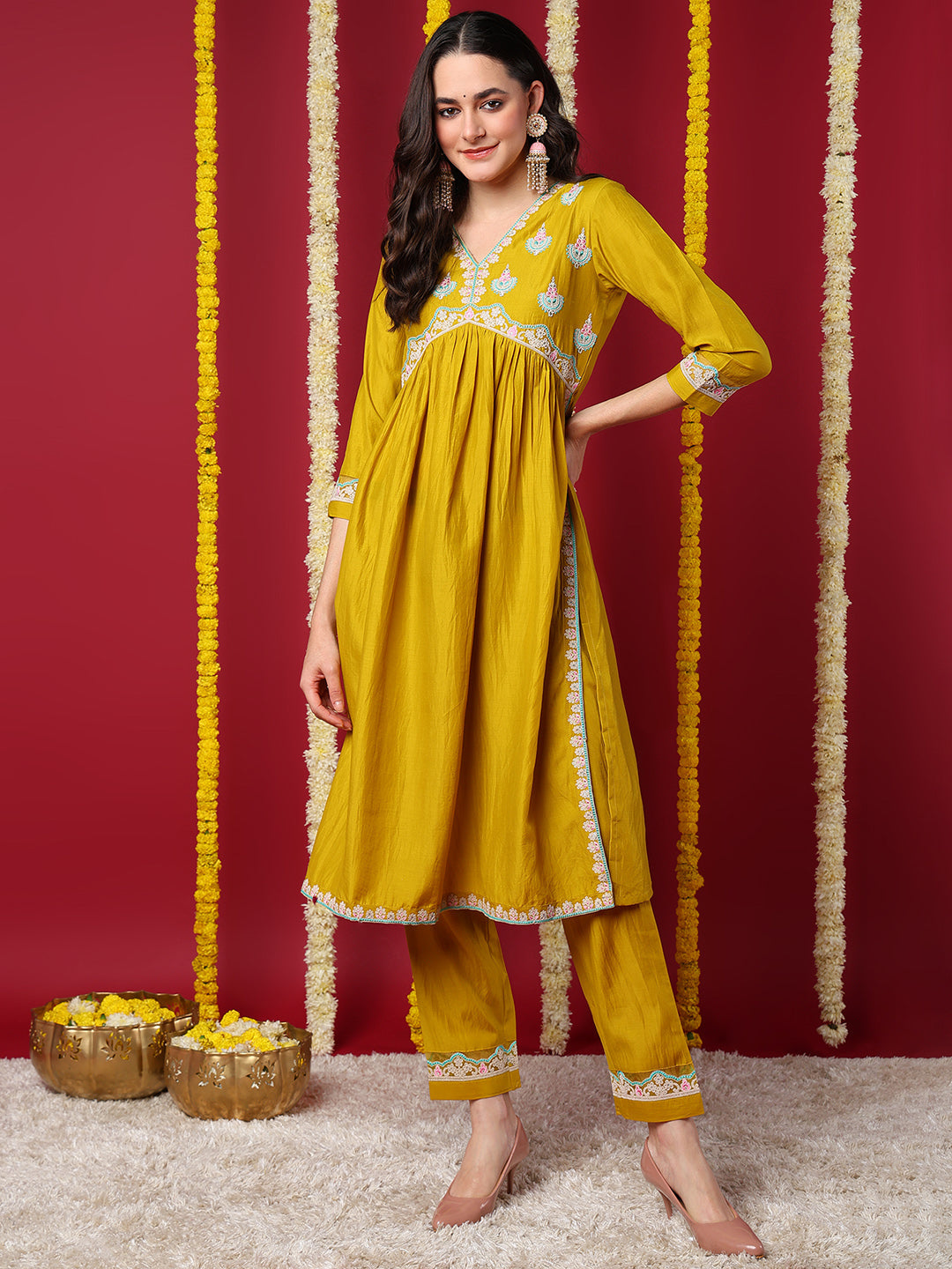 Yellow Silk Blend Solid Embroidered Flared Kurta with Trouser