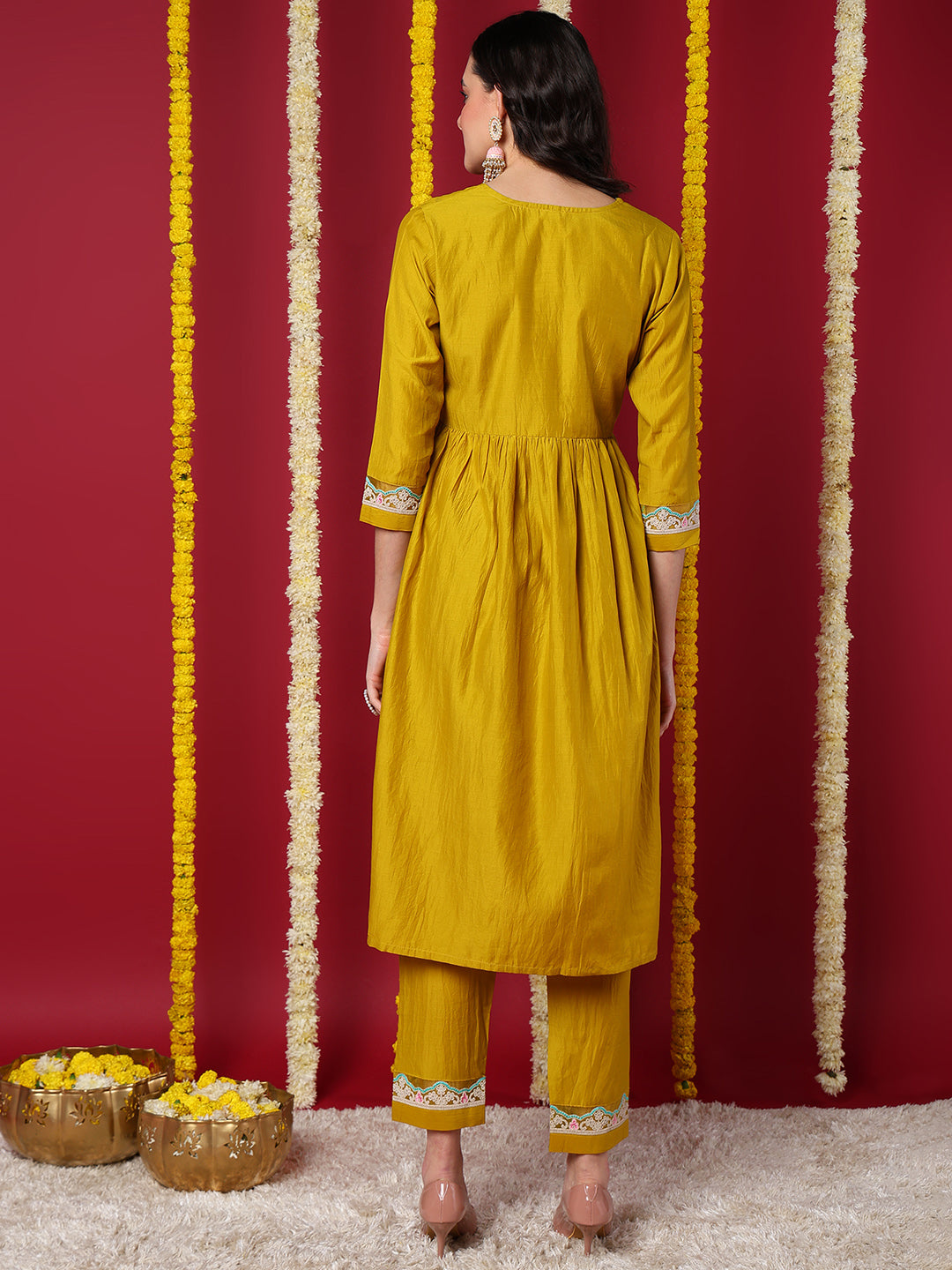 Yellow Silk Blend Solid Embroidered Flared Kurta with Trouser