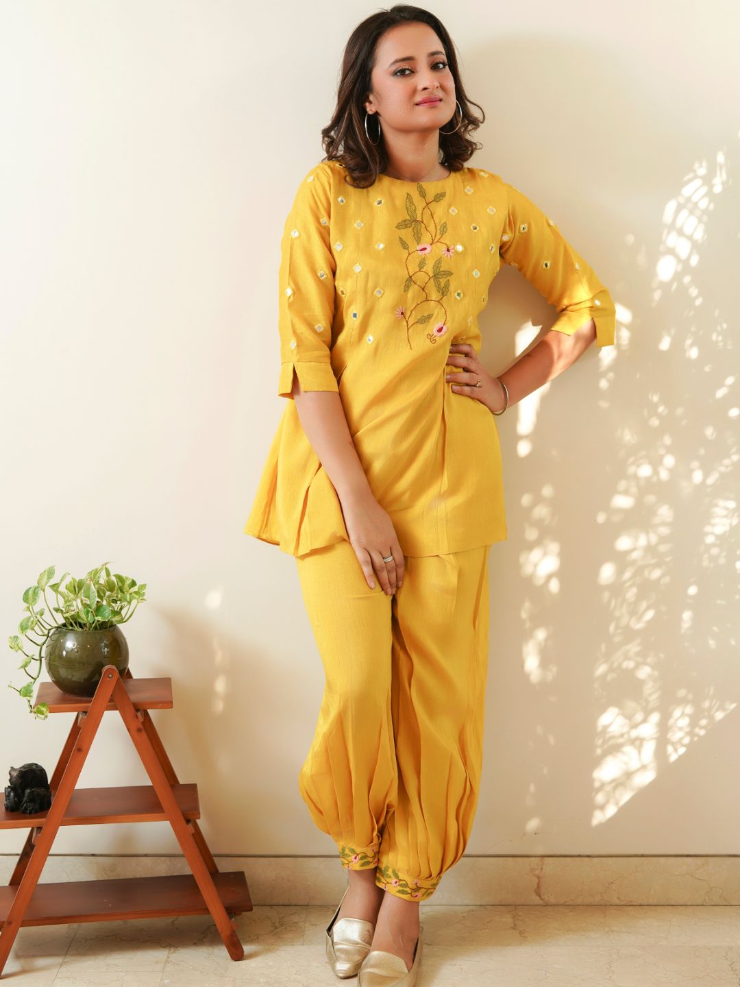 Yellow Silk Mirror Embroidered Co-ord Set