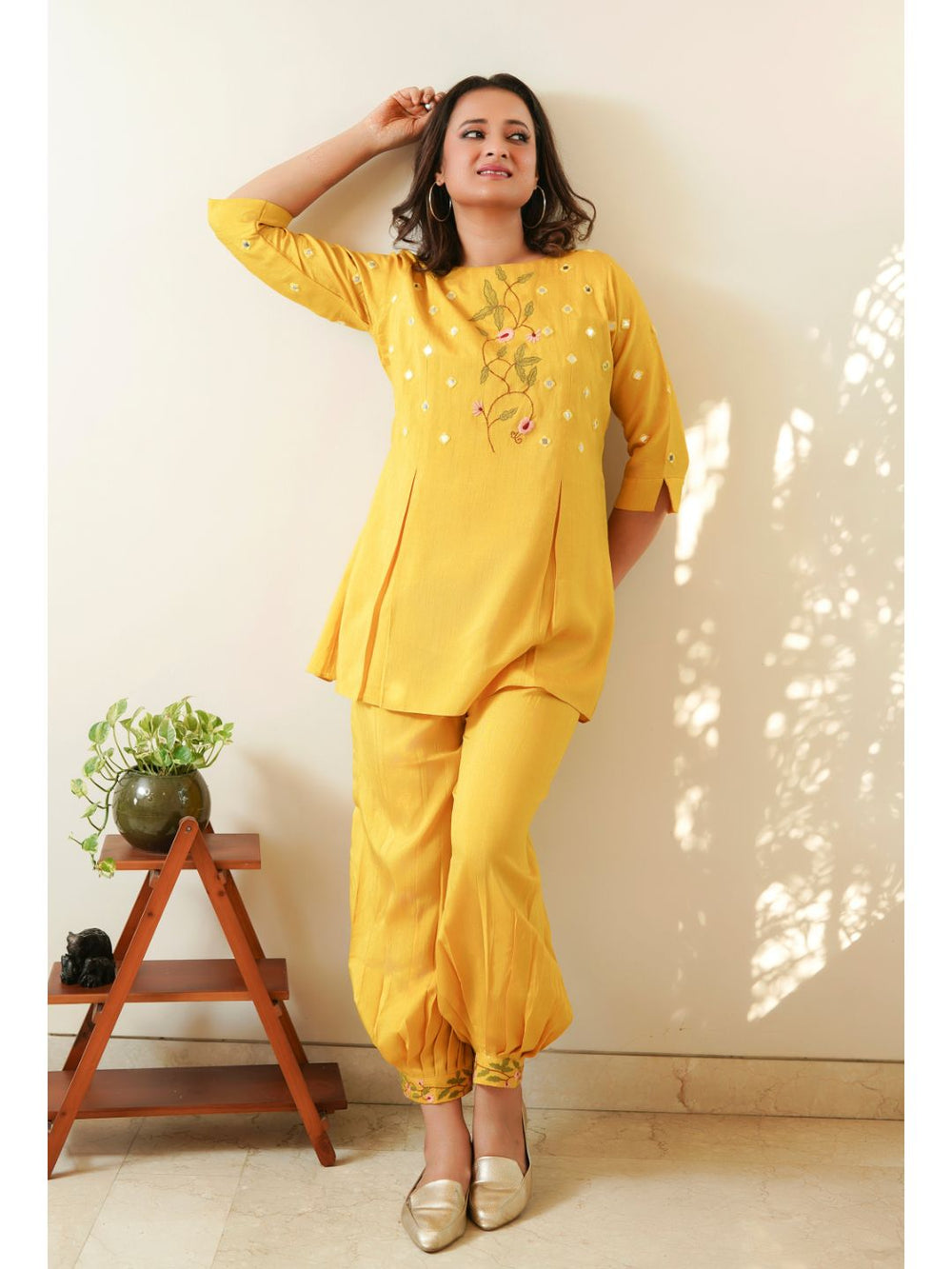 Yellow Silk Mirror Embroidered Co-ord Set