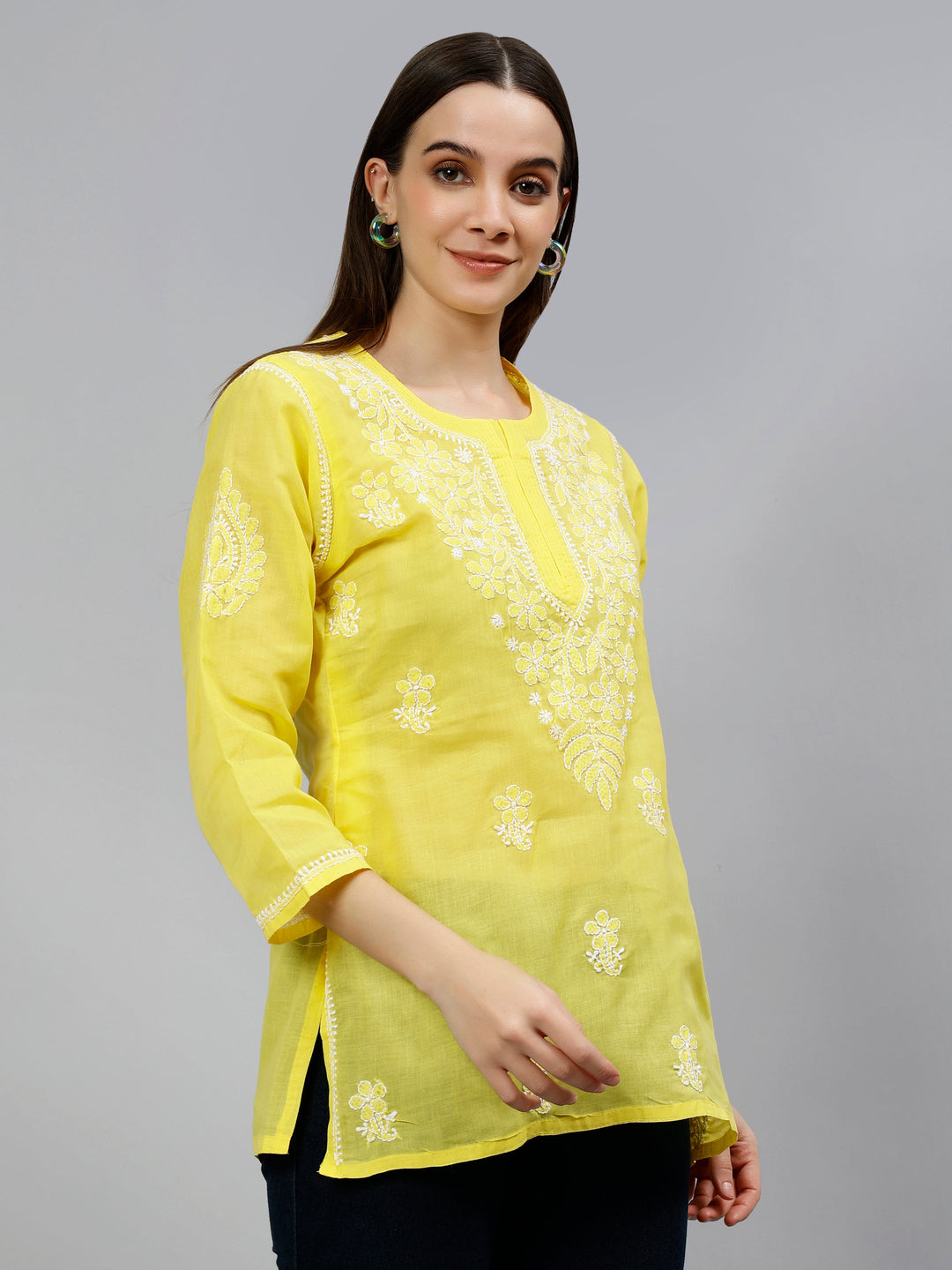 Yellow Terivoil Cotton Embroidered Chikankari Short Tunic