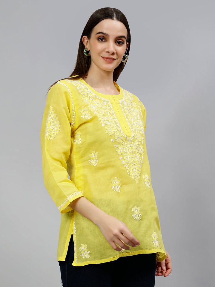 Yellow Terivoil Cotton Embroidered Chikankari Short Tunic