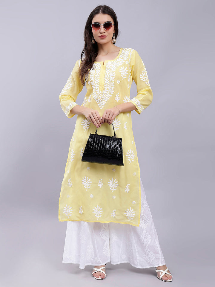 Yellow Terivoil Cotton Handwoven Chikankari Kurti