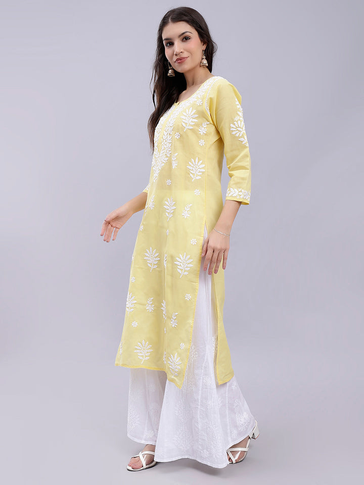 Yellow Terivoil Cotton Handwoven Chikankari Kurti