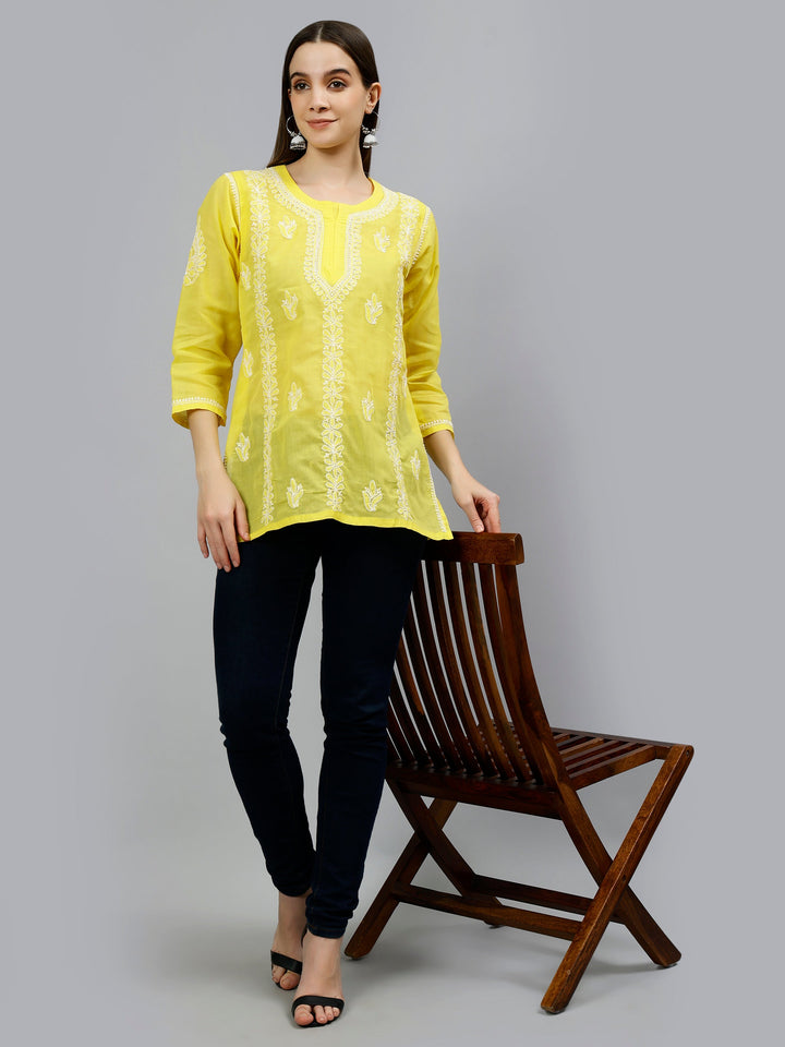 Yellow Terivoil Cotton Lucknowi Chikankari Short Tunic