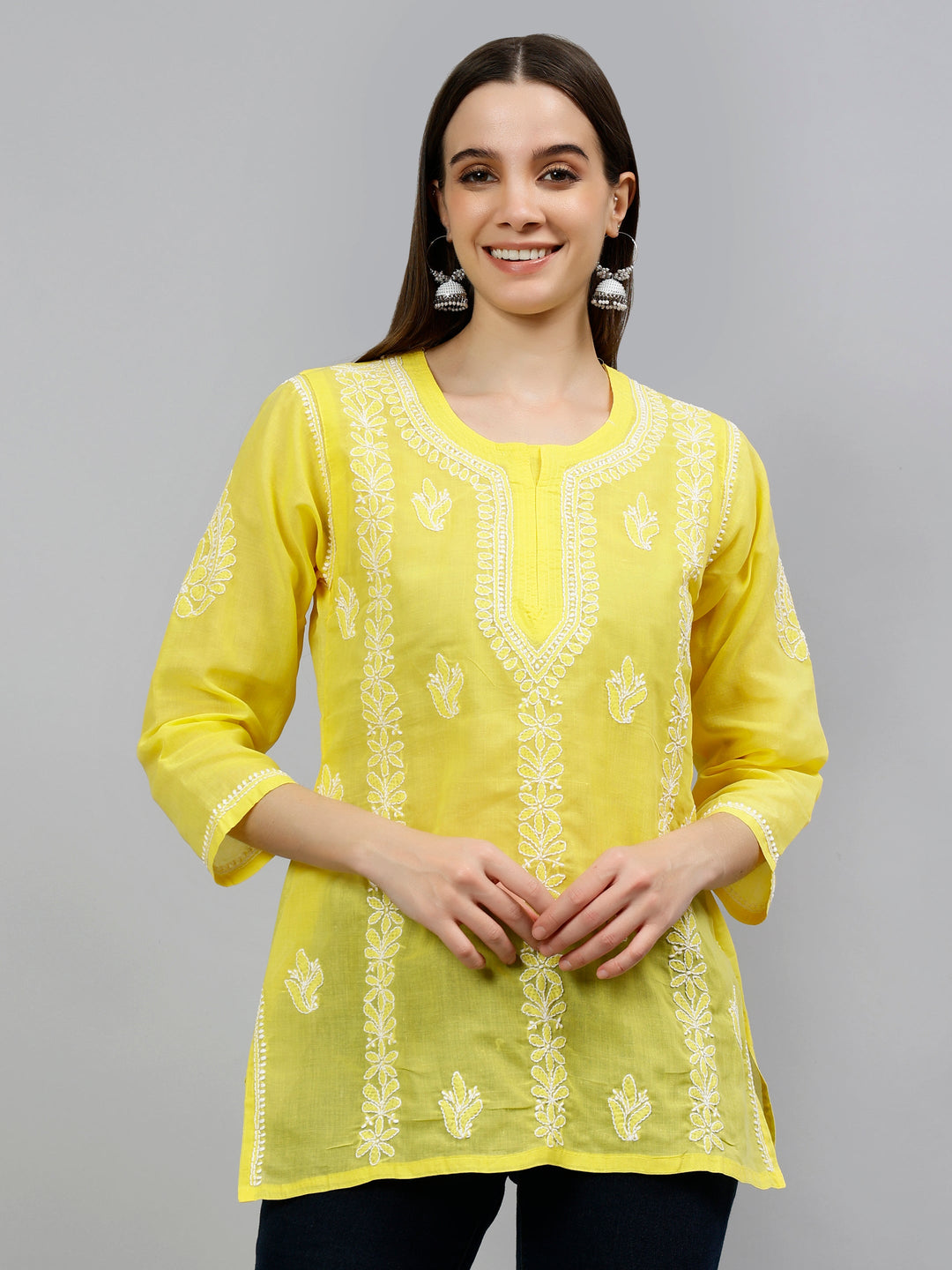 Yellow Terivoil Cotton Lucknowi Chikankari Short Tunic