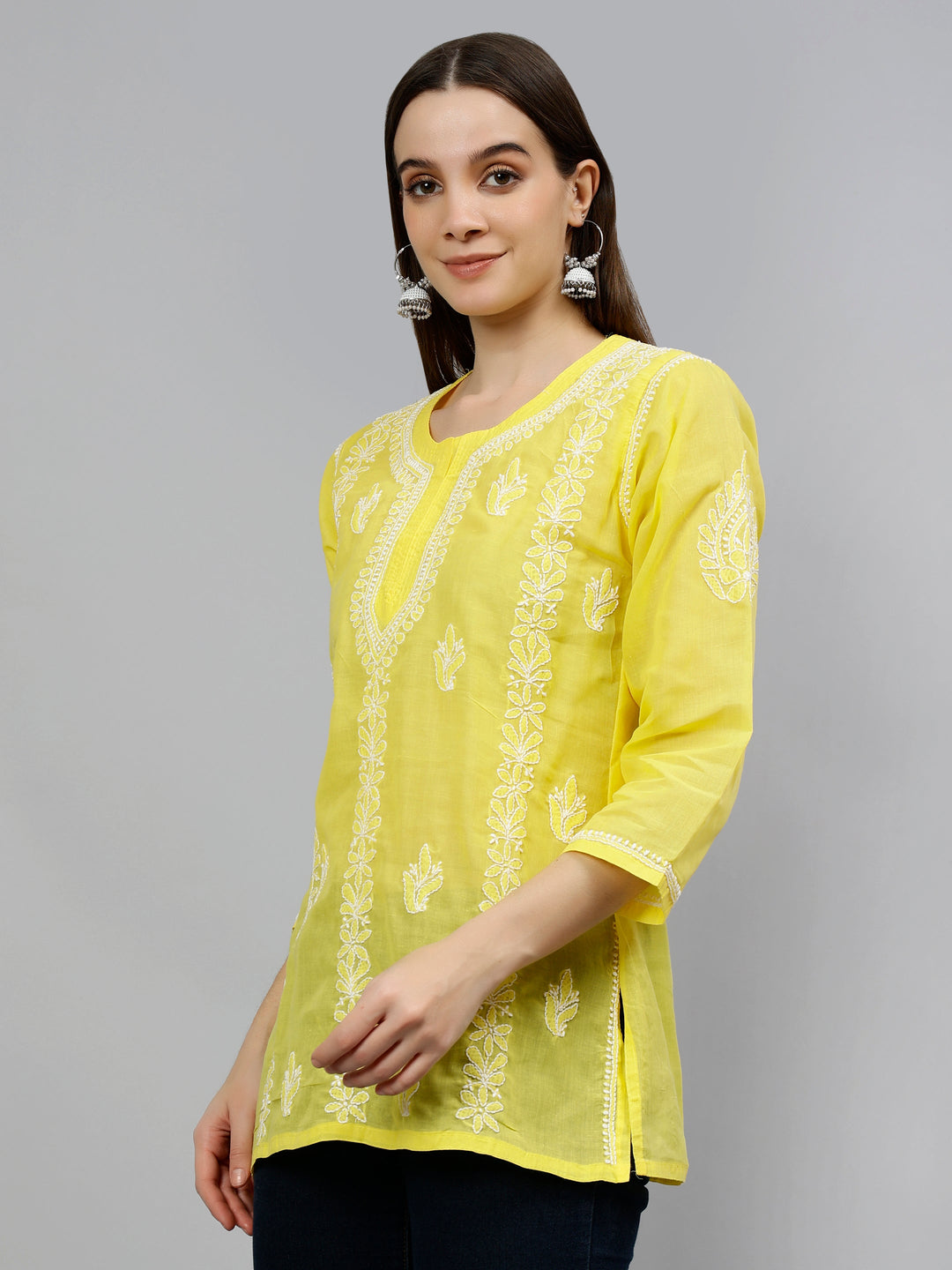 Yellow Terivoil Cotton Lucknowi Chikankari Short Tunic