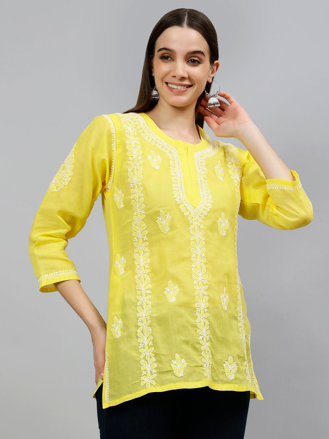 Yellow Terivoil Cotton Lucknowi Chikankari Short Tunic