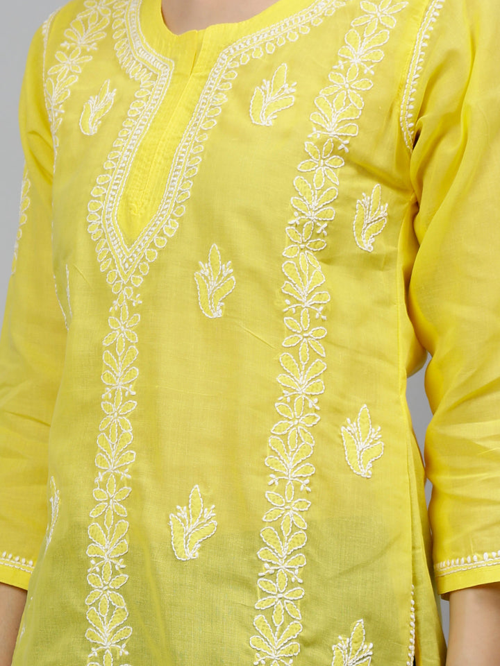 Yellow Terivoil Cotton Lucknowi Chikankari Short Tunic