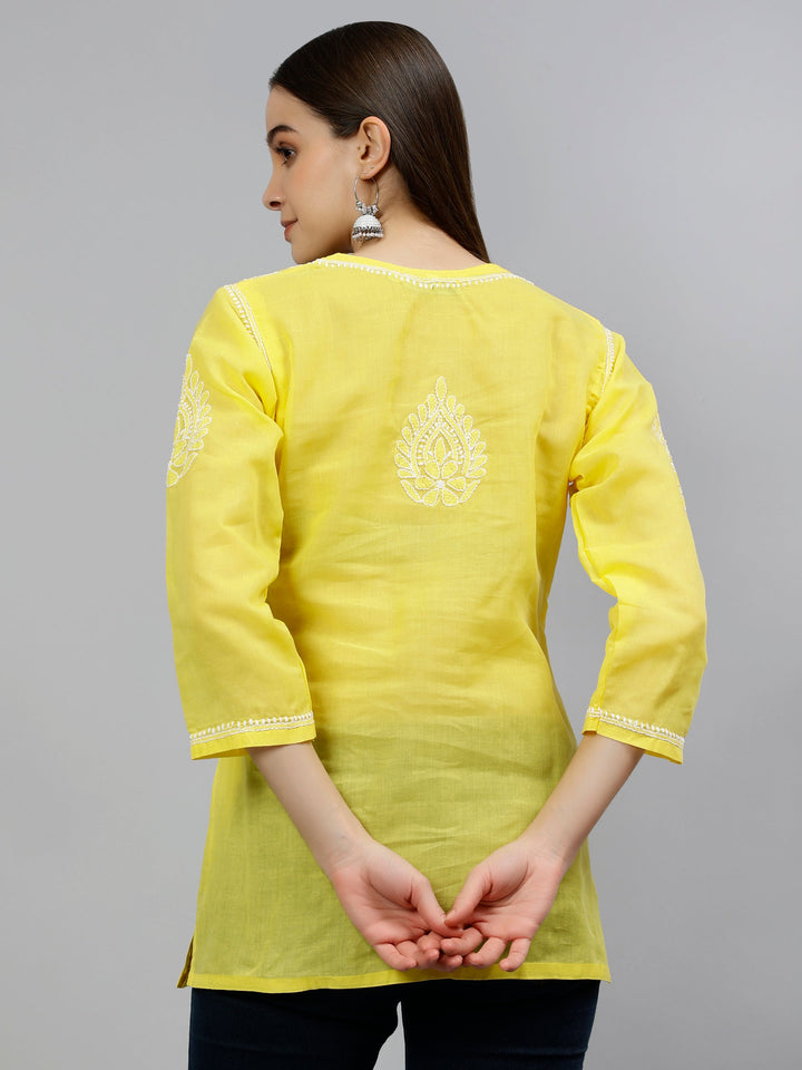 Yellow Terivoil Cotton Lucknowi Chikankari Short Tunic