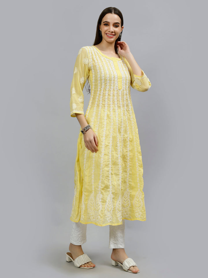 Yellow-Terivoil-Hand-Embroidered-Chikankari-Anarkali-Kurti